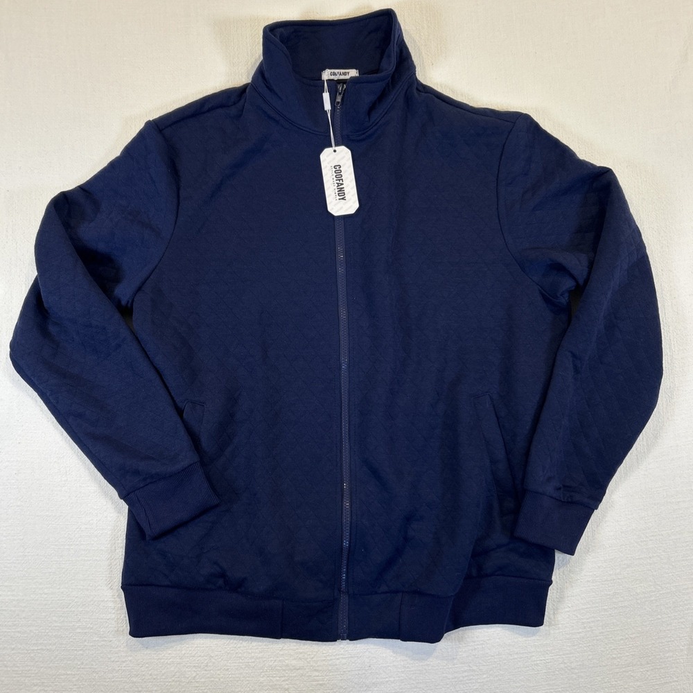 Coofandy Men's Navy Blue Quilted Zip Up Shirt Jacket Large Long Sleeve